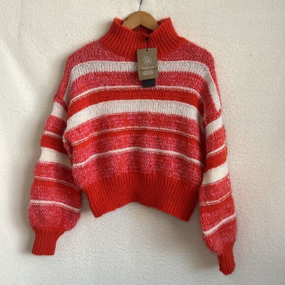 Vero Moda Kamma Variegated Stripe Mock Neck‎ Sweater Small Tangerine Tango Deta - Picture 2 of 8